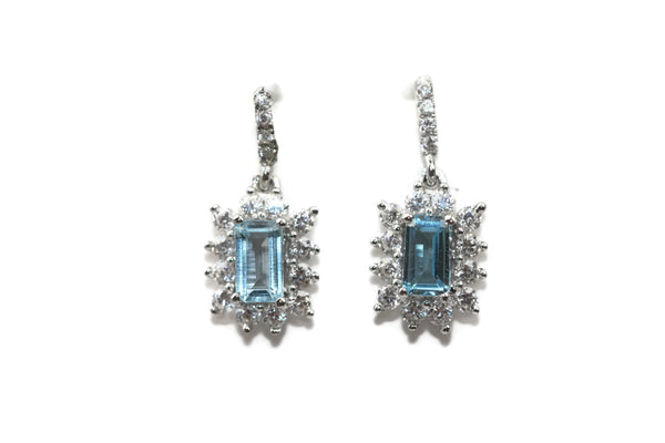 Rhodium Plated Sterling Silver Blue Square Cubic Zirconia Floral Dangle Earrings