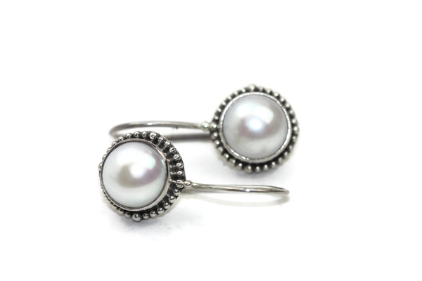 Handmade 925 Sterling Silver White Round Pearl Earrings