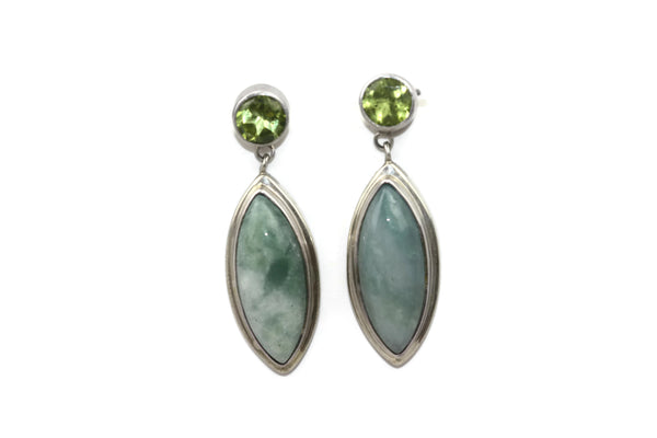 Handmade 925 Sterling Silver Teardrop Aventurine & Round Faceted Peridot Gemstone Stud Earrings