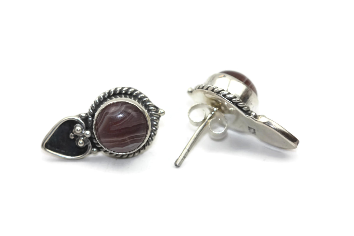 Handmade 925 Sterling Silver Striped Agate Gemstone with Antique Spade Stud Earrings