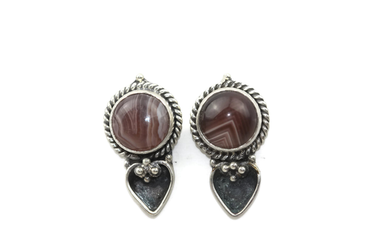 Handmade 925 Sterling Silver Striped Agate Gemstone with Antique Spade Stud Earrings