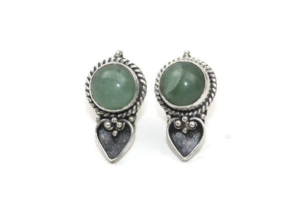 Handmade 925 Sterling Silver Green Jasper Gemstone with Antique Spade Gemstone Stud Earrings