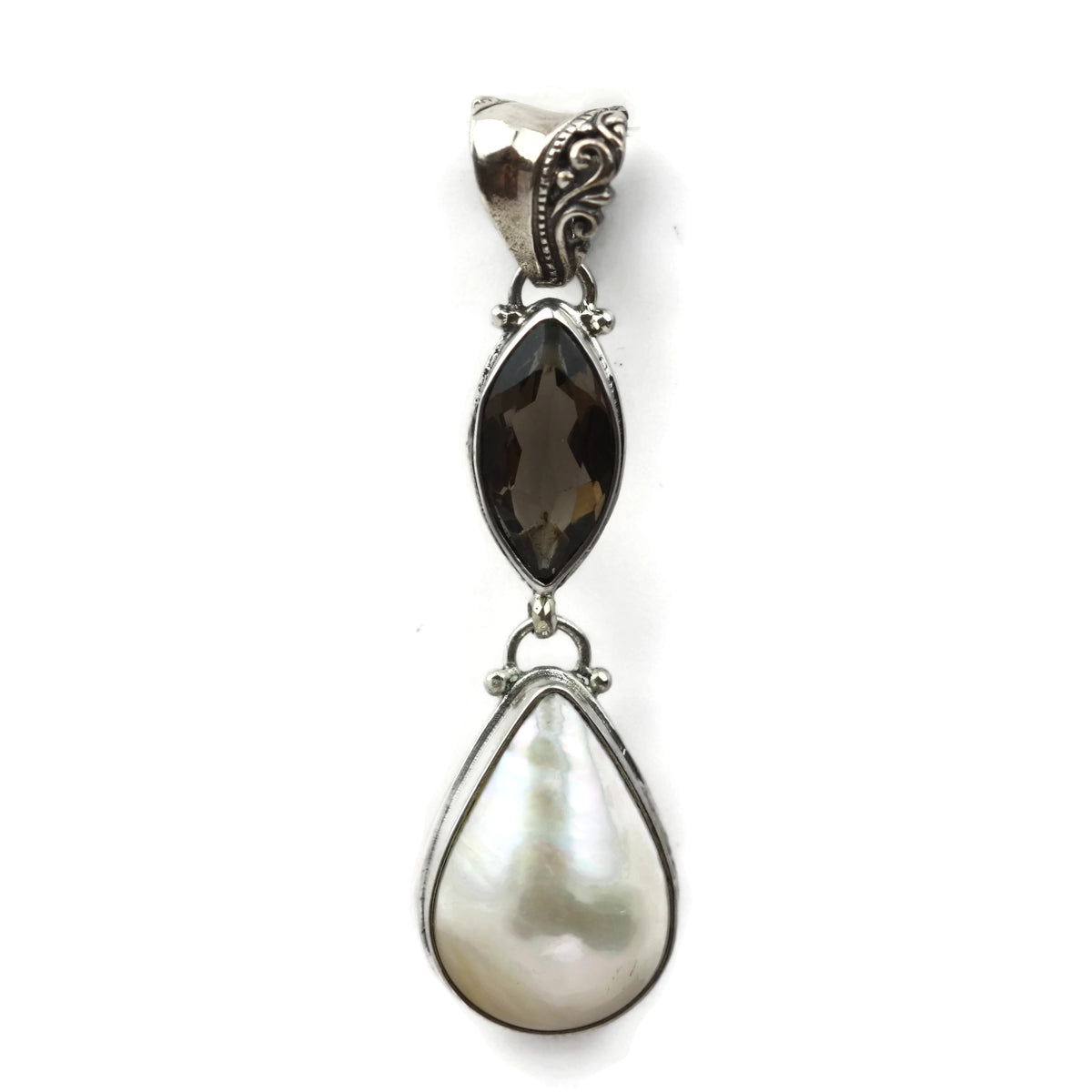 Handmade 925 Sterling Silver Teardrop Pearl & Oval Smoky Faceted Quartz Pendant with Decorative Bail