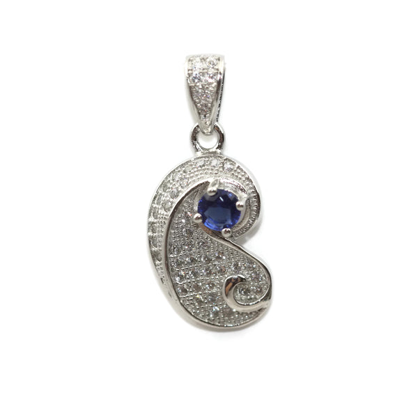 Rhodium Plated Sterling Silver Blue Cubic Zirconia Teardrop Pendant 20 mm