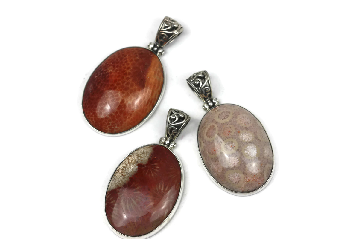 Handmade Sterling Silver Petrified Coral Oval Pendant.