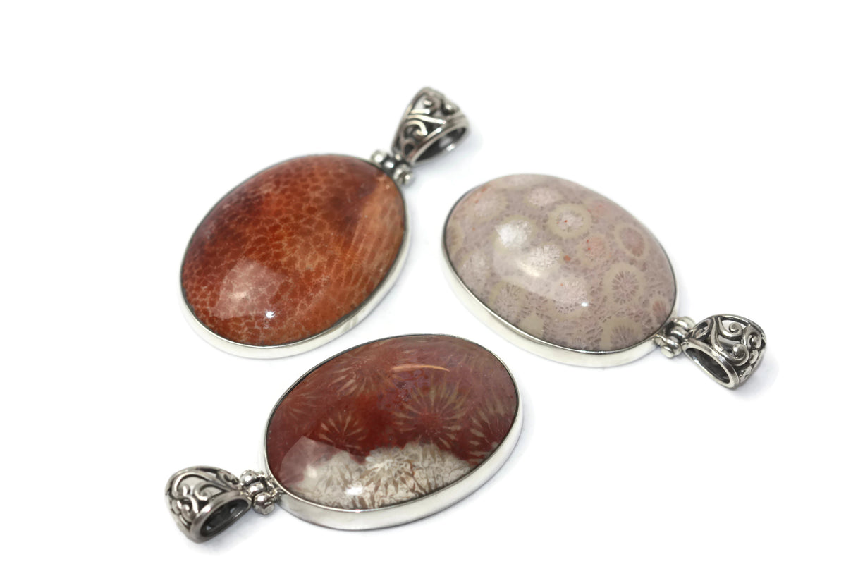 Handmade Sterling Silver Petrified Coral Oval Pendant.