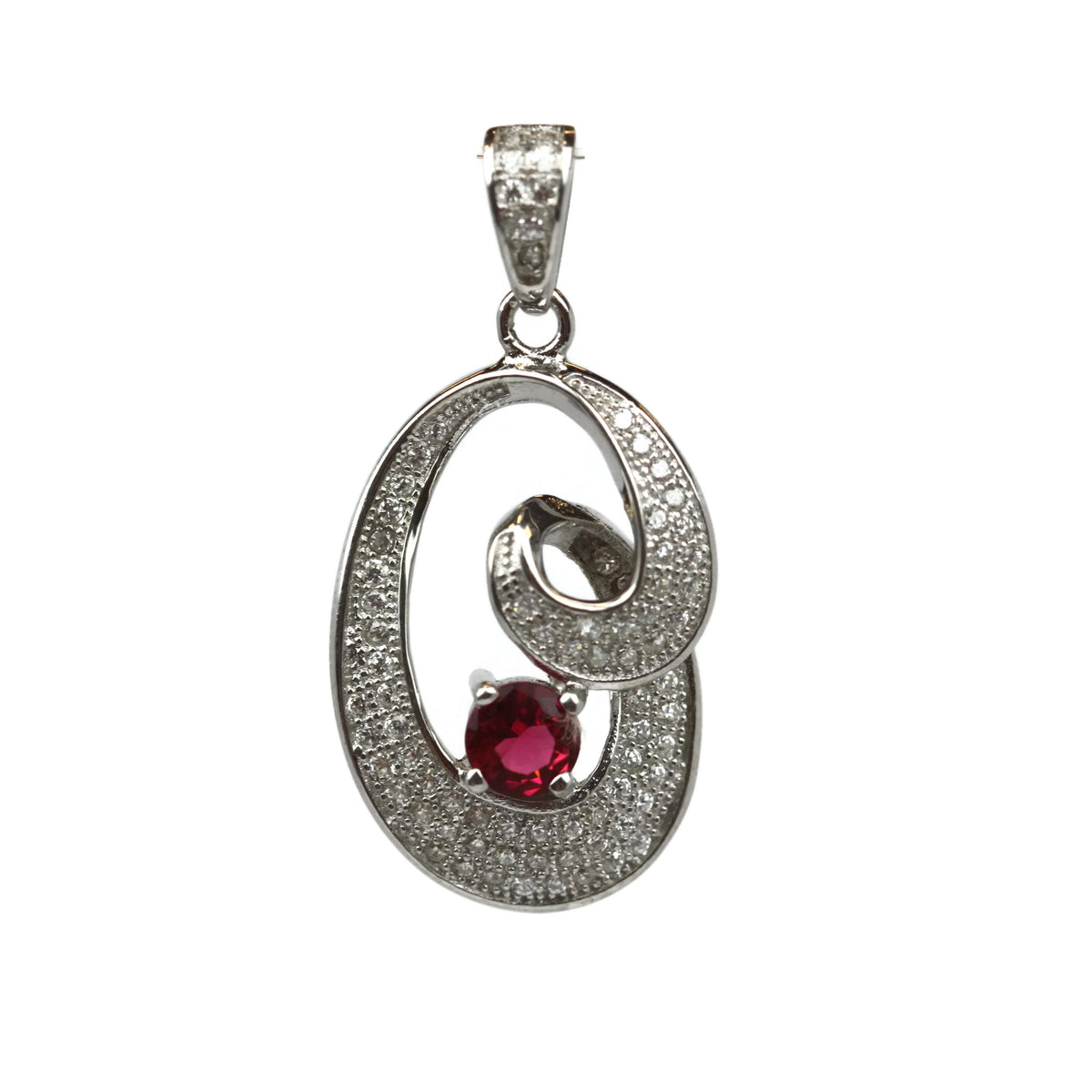 Rhodium Plated Sterling Silver Red Cubic Zirconia Pendant