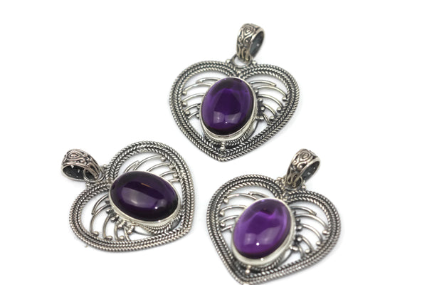 Handmade Sterling Silver Oval Amethyst Heart Pendant with Decorative Bail