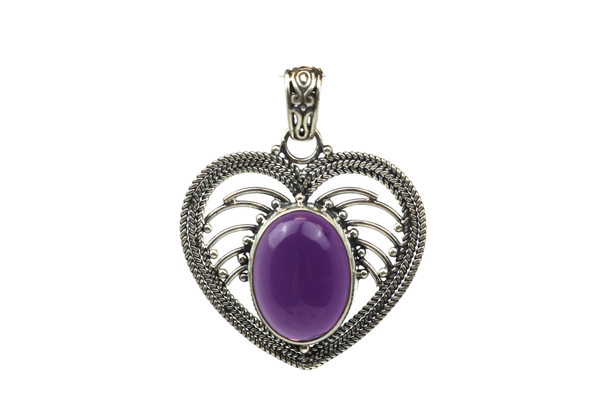 Handmade Sterling Silver Oval Amethyst Heart Pendant with Decorative Bail