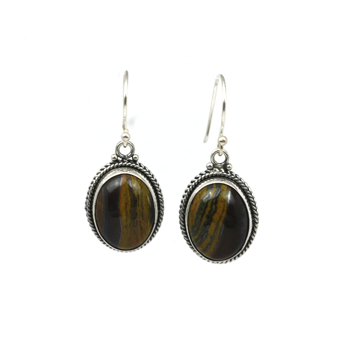 Handmade 925 Sterling Silver Cabochon Iron Zebra Jasper Oval Earrings .