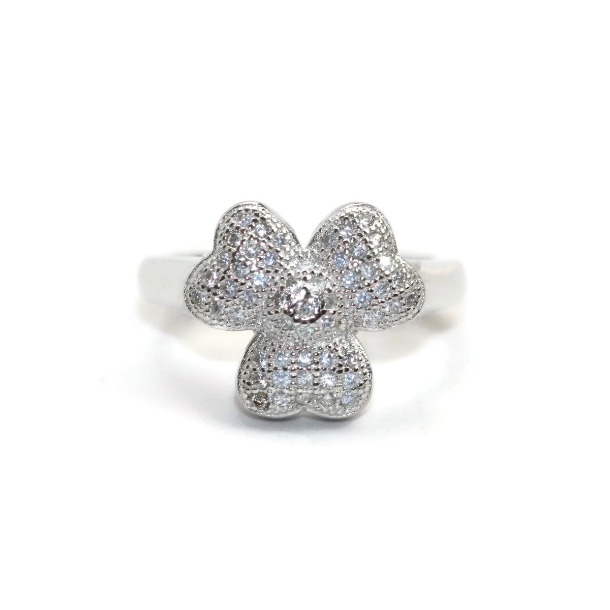 Rhodium Plated Sterling Silver Cubic Zirconia CZ 3 Leaf Clover Ring