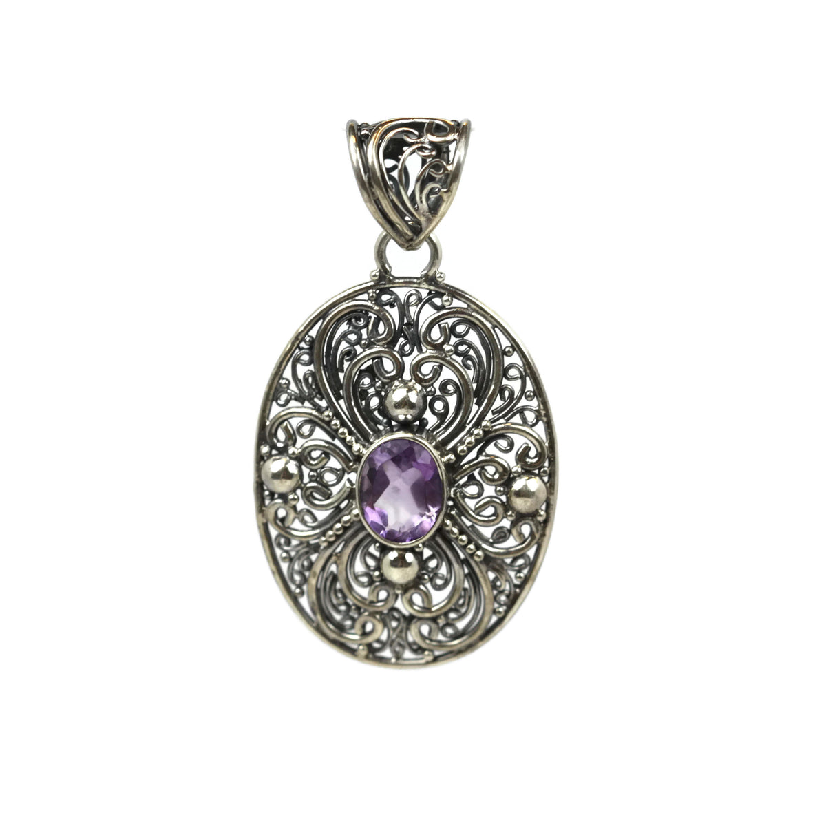 Handmade 925 Sterling Silver Antique Decorative Pendant With Oval Faceted Amethyst Gemstone