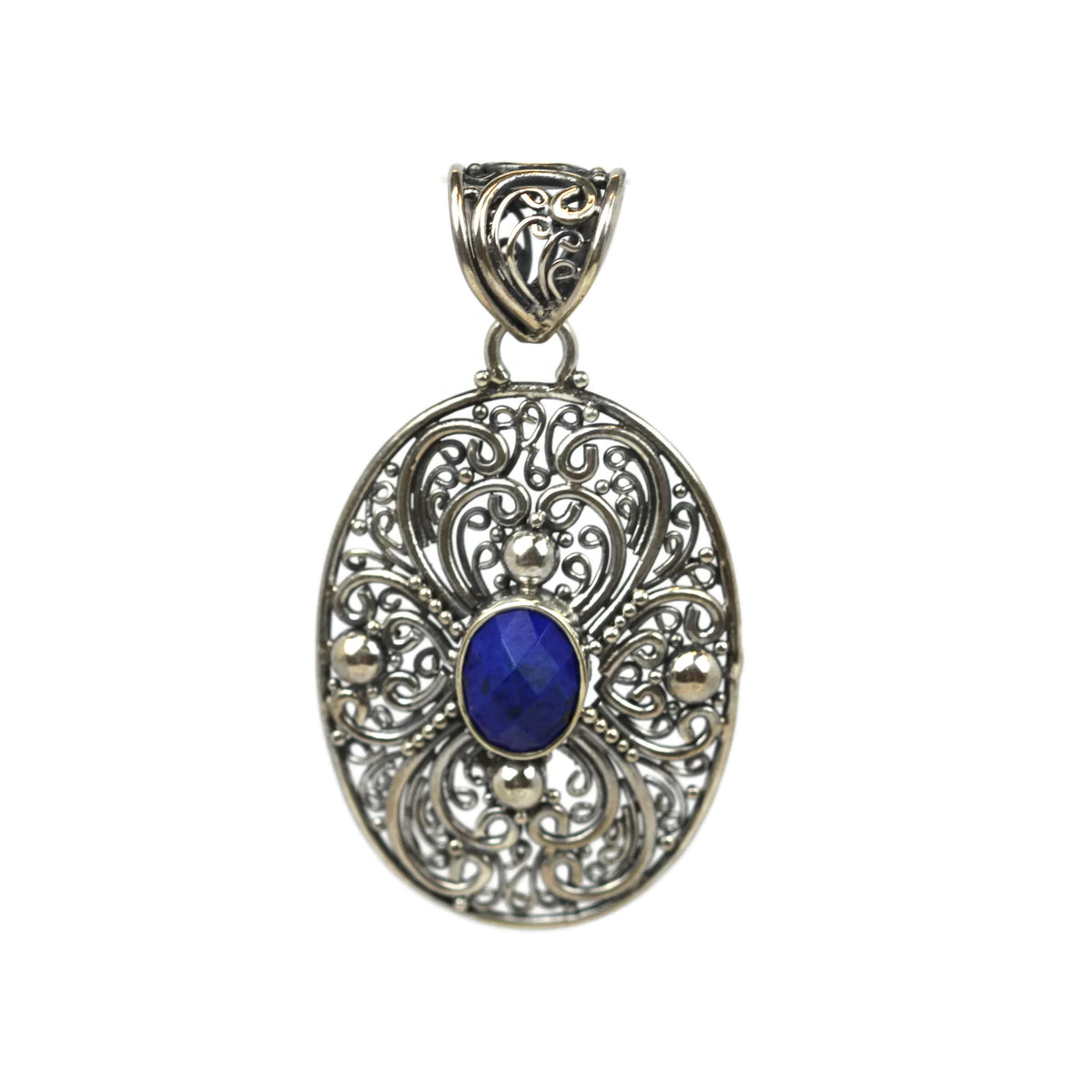 Handmade 925 Sterling Silver Antique Decorative Pendant With Oval Faceted Lapis Lazuli Gemstone