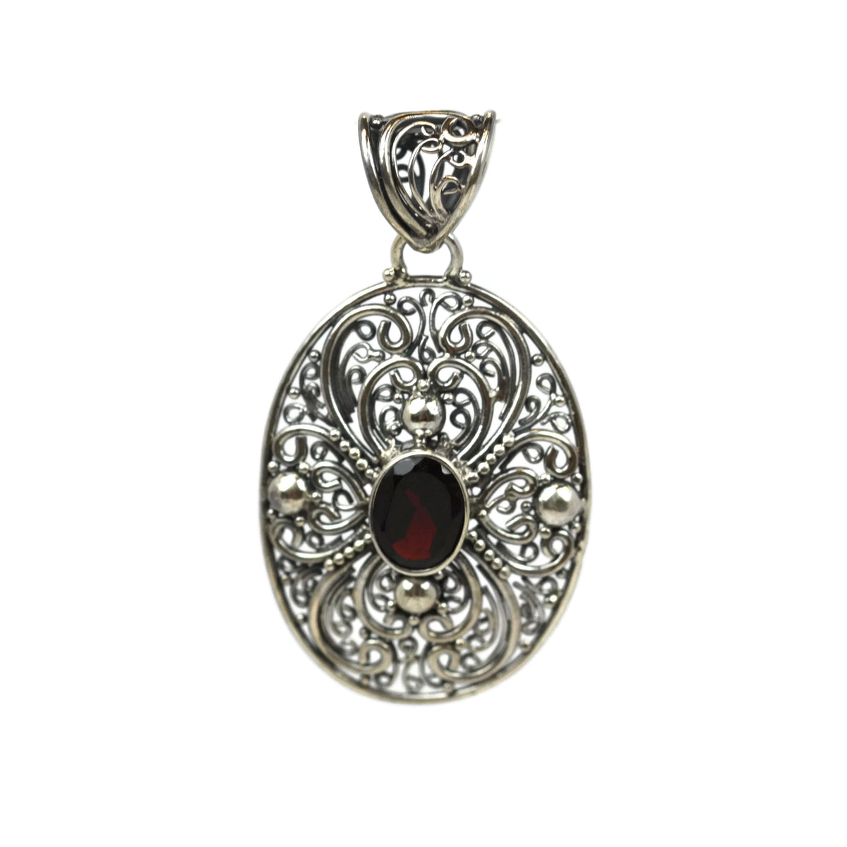 Handmade 925 Sterling Silver Antique Decorative Pendant With Oval Faceted Garnet Gemstone