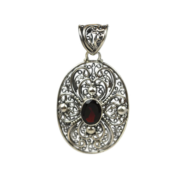 Handmade 925 Sterling Silver Antique Decorative Pendant With Oval Faceted Garnet Gemstone
