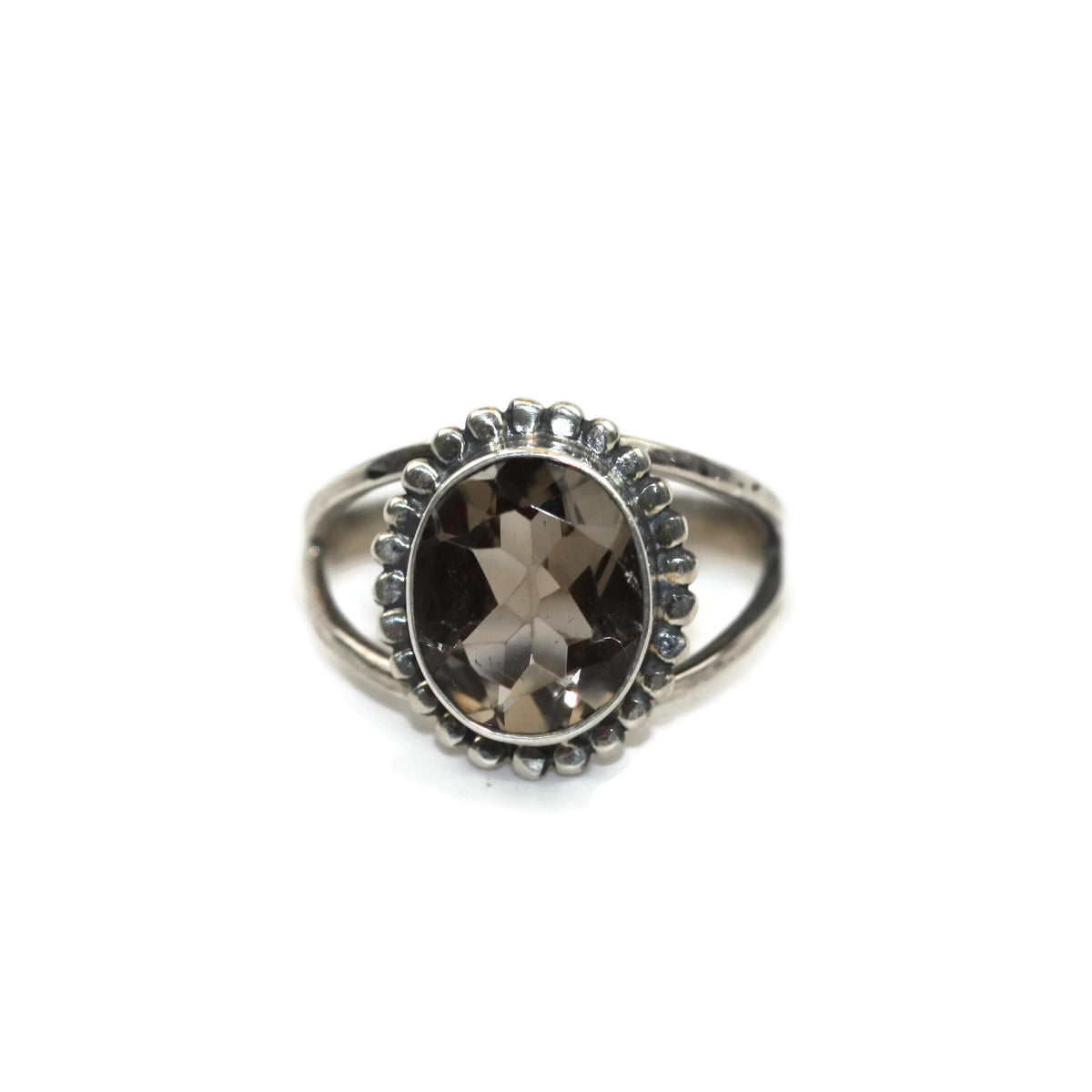 Handmade Sterling Silver Oval Faceted Smoky Quartz Gemstone Flower Ring