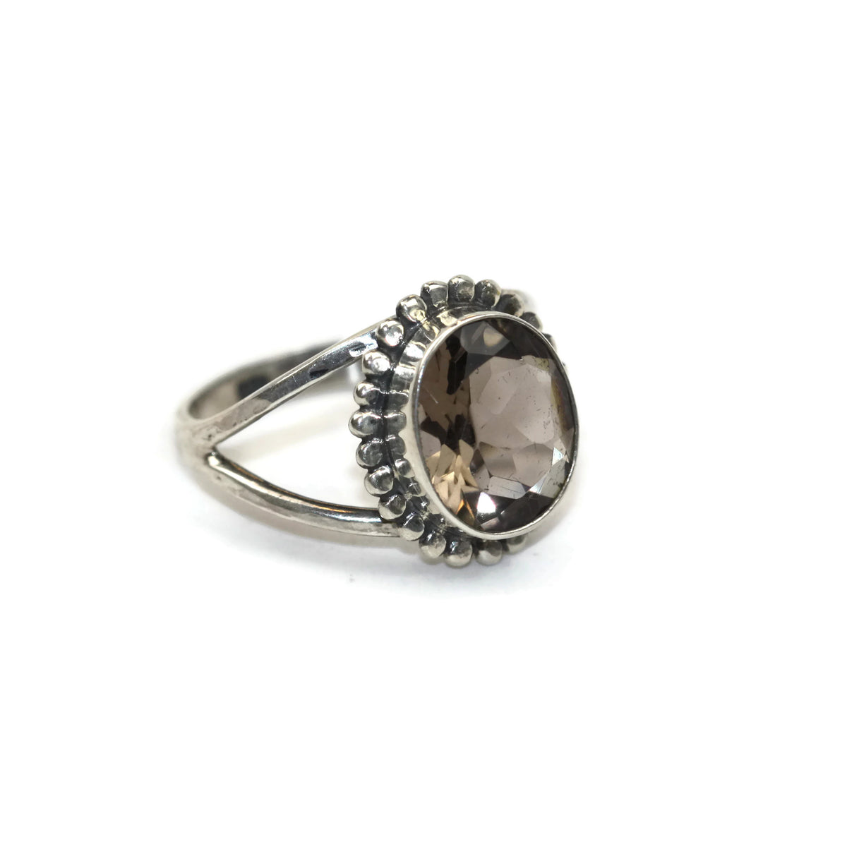 Handmade Sterling Silver Oval Faceted Smoky Quartz Gemstone Flower Ring