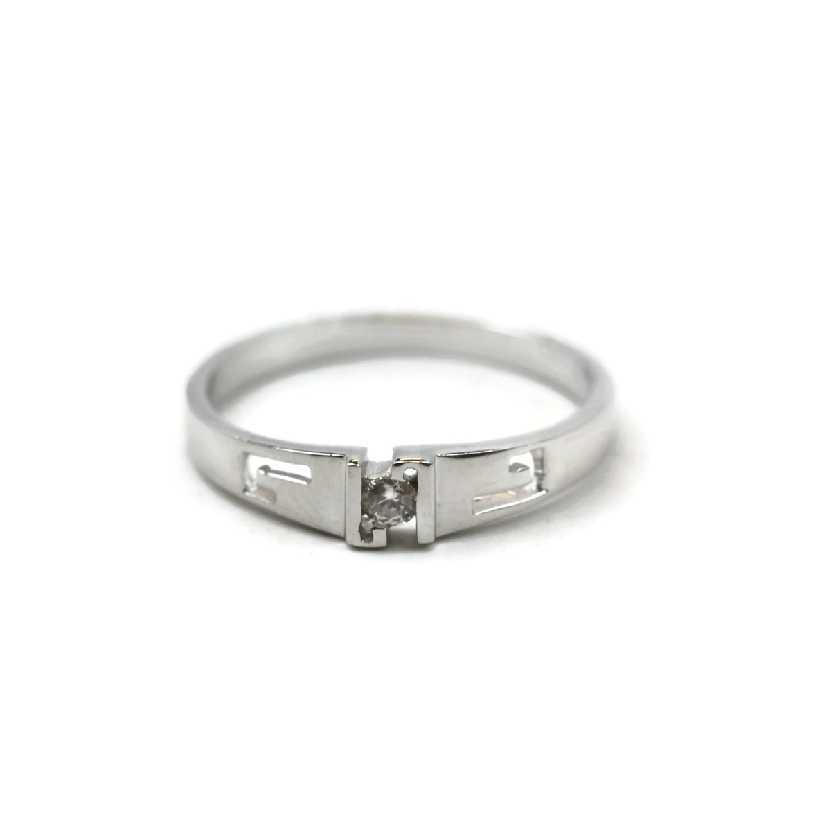Rhodium Plated 925 Sterling Silver Cubic Zirconia Ring "L" Shape Ring