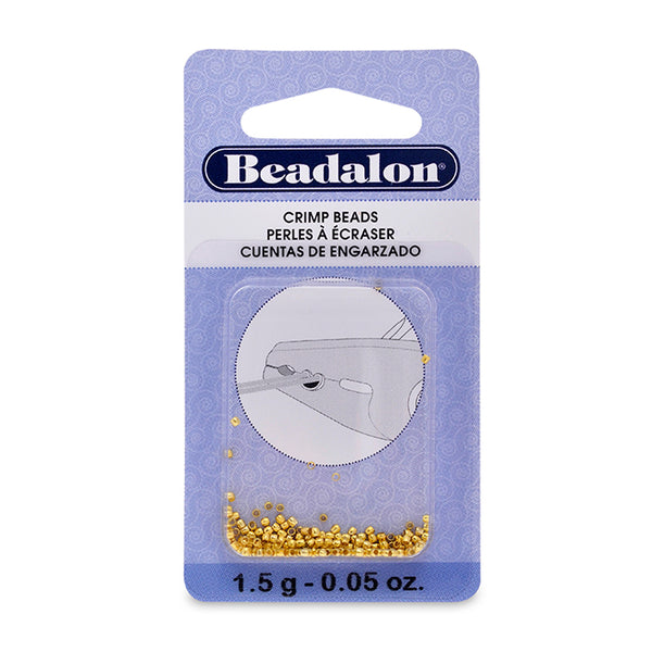 Crimp Beads, Size #0, 0.8 mm (.031 in) I.D., 1.3 mm (.051 in) O.D., Gold Color, 1.5 g (.05 oz), appx. 200 pc. Use Micro Crimper Tool with wire 0.25-0.33 mm (.010 -.013 in)
