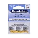 Crimp Tubes, Size #1, 0.8 mm (.031 in) I.D., 1.3 mm (.051 in) O.D., Gold Color, 1.5 g (.05 oz), appx. 160 pc. Use Micro Crimper Tool with wire 0.25-0.33 mm (.010 -.013 in).