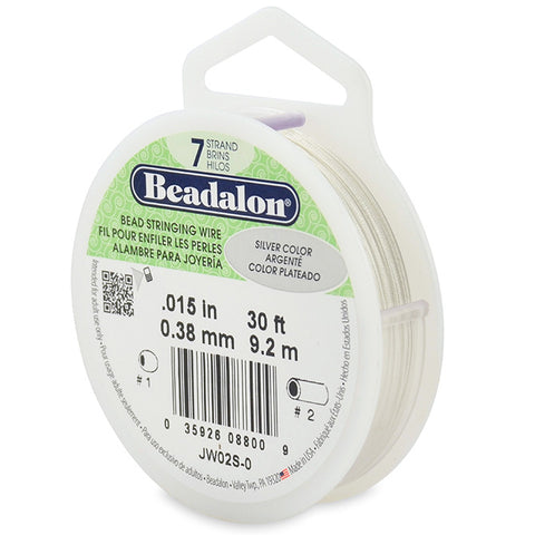 7 Strand Bead Stringing Wire, .015 in (0.38 mm), Silver Color, 30 ft (9.2 m)