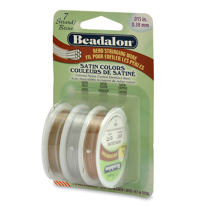 7 Strand Bead Stringing Wire, 3-Pack, .015 in (0.38 mm), Satin Silver, Satin Gold, Satin Copper, 10 ft (3.1 m) ea