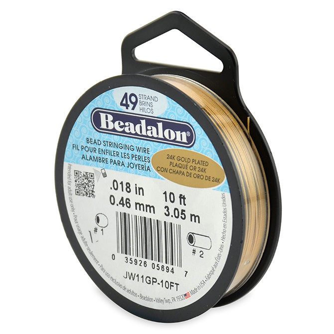 49 Strand Stainless Steel Bead Stringing Wire, .018 in (0.46 mm), Gold Plated, 10 ft (3.1 m)