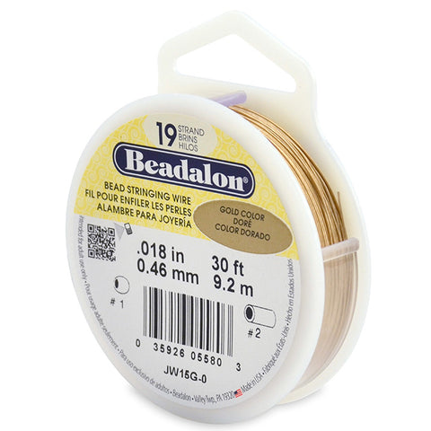19 Strand Bead Stringing Wire, .018 in (0.46 mm), Gold Color, 30 ft (9.2 m)
